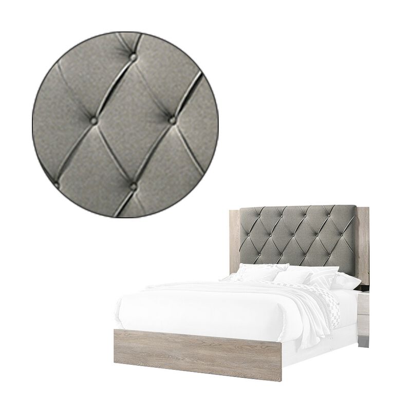 Wooden Queen Bed with Button Tufted Upholstered Headboard, Gray and Cream-Benzara