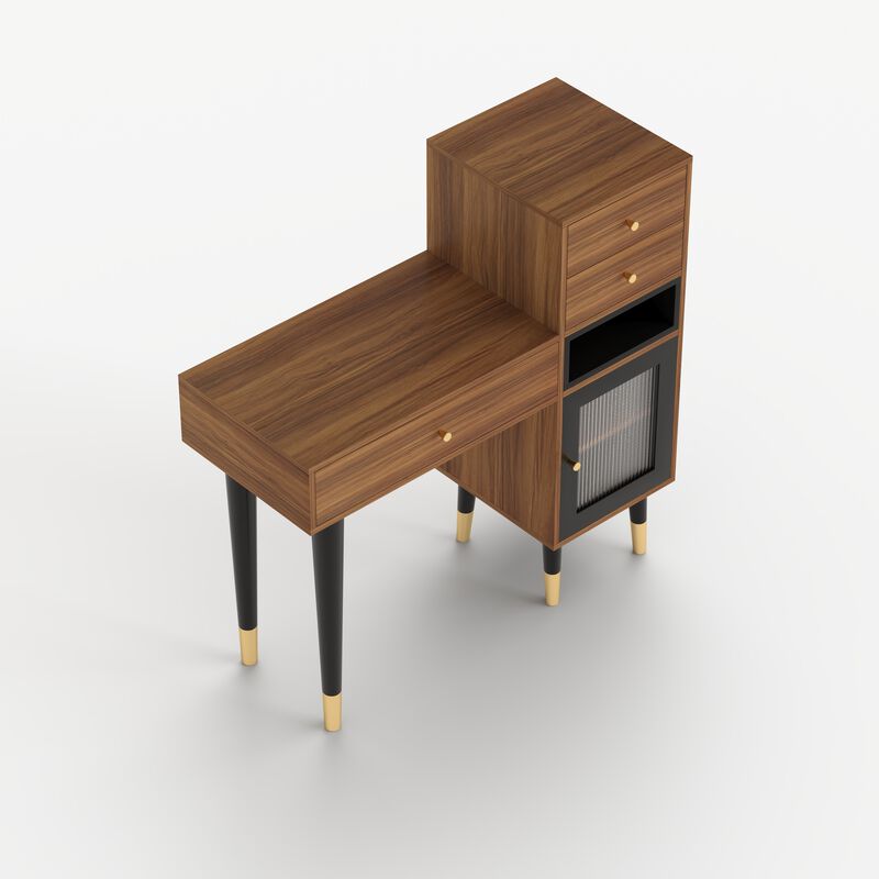 Wooden Makeup Vanity Desk with 3 Drawers, 1 Storage Shelf and 1 Door & Metal Legs for Bedroom, Apartment 39.76", Walnut image number 3