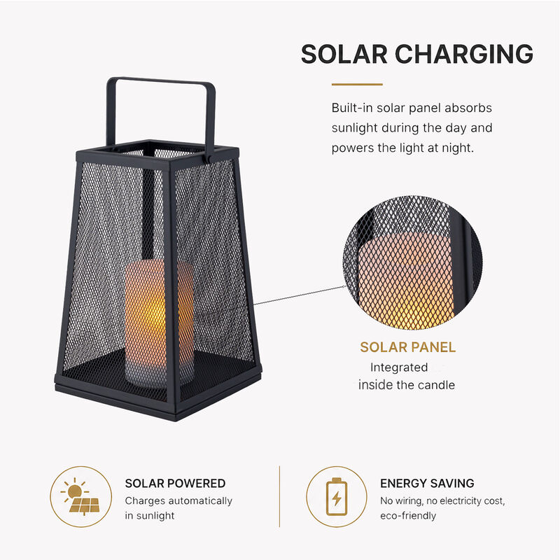 H10" Solar Outdoor Lantern with Flickering Candle Light Modern Metal Mesh Patio Lantern with Handle Solar Powered Decorative Lantern for Garden Deck Pathway Camping image number 4