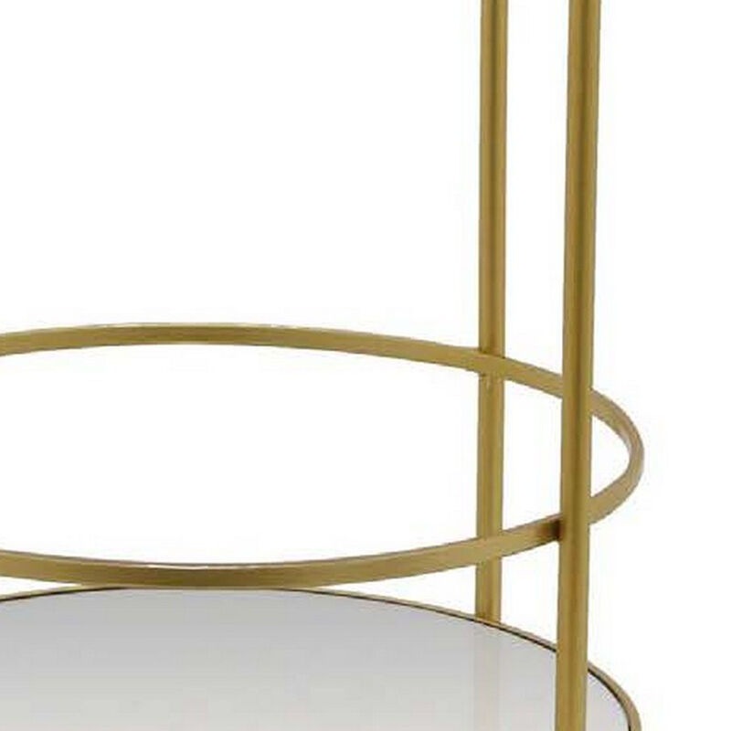 Joy 29 Inch Mirrored Plant Stand, Rolling Round Cart, 2 Tiers, Gold Metal - Benzara