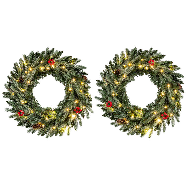 Artificial Christmas Wreath Set of 2 with Pre Lit Lights and Frosted Branch Tips-Green