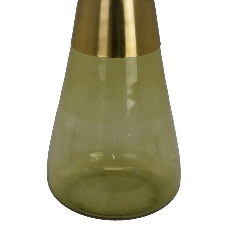 Palio Plant Stand Accent Table, Round Gold Metal, Green Glass Tapered - Benzara