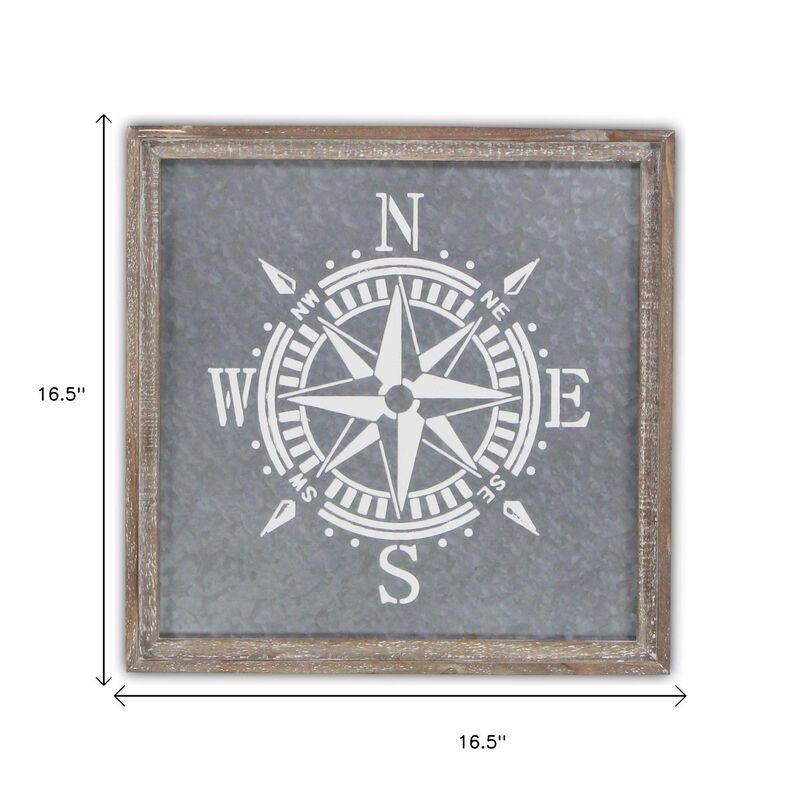 HomeRoots 17" X 17" Gray Compass Galvanized Metal And Wood Square Framed Art image number 6
