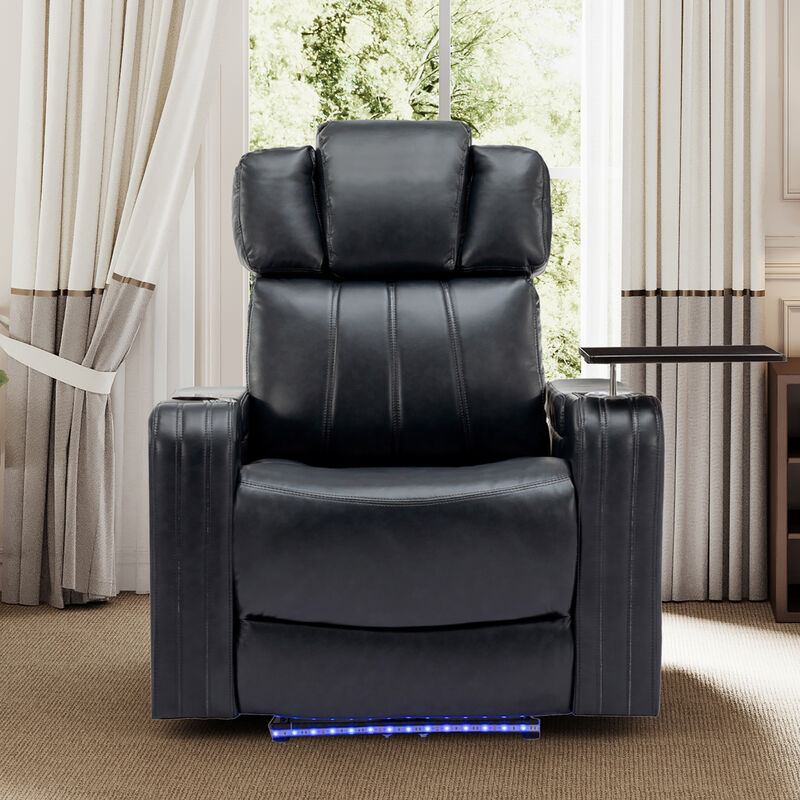 Whisen PU Leather Power Recliner with Cup Holder, Bluetooth Speaker, LED Lights, USB Ports, Tray Table and Arm Storage