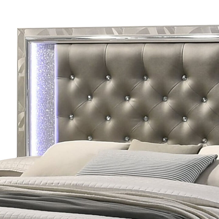 Bet Queen Bed, Silver Faux Leather Upholstery, LED, Crystal Accents, Brown - Benzara