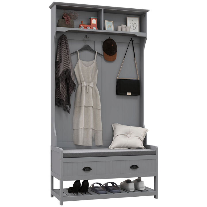 HOMCOM 3-in-1 Hall Tree, Entryway Bench with Coat Rack, Mudroom Bench with Shoe Rack, 2 Storage Drawers, 4 Hooks and Padded Seat Cushions for Hallway, Gray