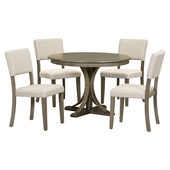 5-Piece Retro Round Dining Table Set with Curved Trestle Style Table Legs and 4 Upholstered Chairs for Dining Room (Taupe)
