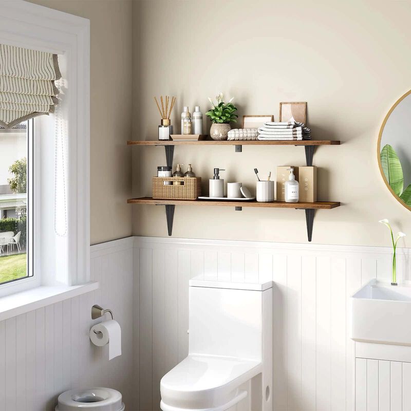 Set of 2 Floating Shelves for Wall with Metal Brackets for Display-Brown image number 3