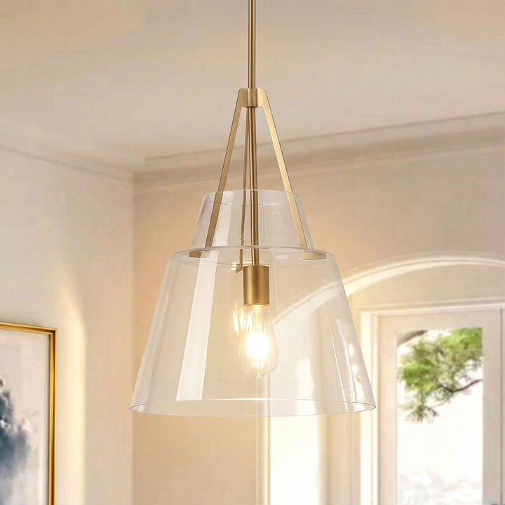 15" Modern Clear Glass Pendant Light with Brushed Brass Finish and 90&deg; Adjustable Swivel Arm for Kitchen Island, Bedroom or Living Room