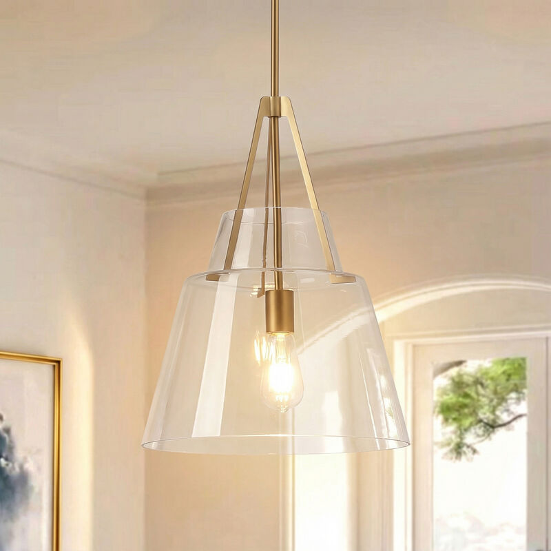15" Modern Clear Glass Pendant Light with Brushed Brass Finish and 90&deg; Adjustable Swivel Arm for Kitchen Island, Bedroom or Living Room image number 1