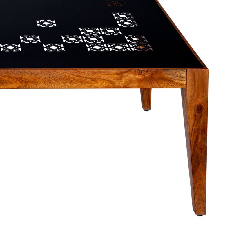Alba 47 Inch Rectangular Metal Top Coffee Table with Laser Cut Design, Black and Brown-Benzara