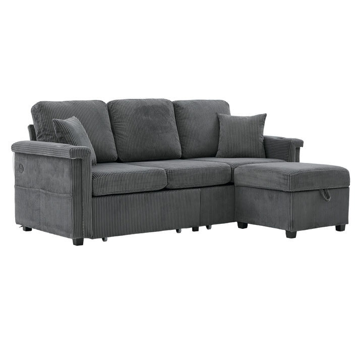 TATEUS Convertible Corduroy Sectional with Pull-Out Storage, 3-Seat Ottoman Pillows USB Cup Holder Living Room Apartment
