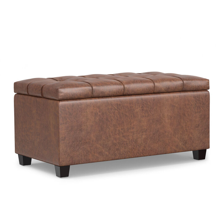 Sienna 33 inch Wide Transitional Rectangle Storage Ottoman Bench in Distressed Saddle Brown Vegan Faux Leather, Assembled