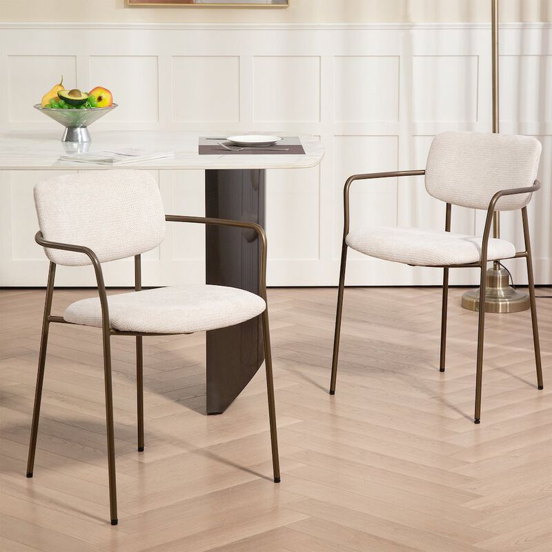 Glamour Home Set of 2 Bernard Beige Washed Woven Fabric Dining Chair with Iron Arms and Legs