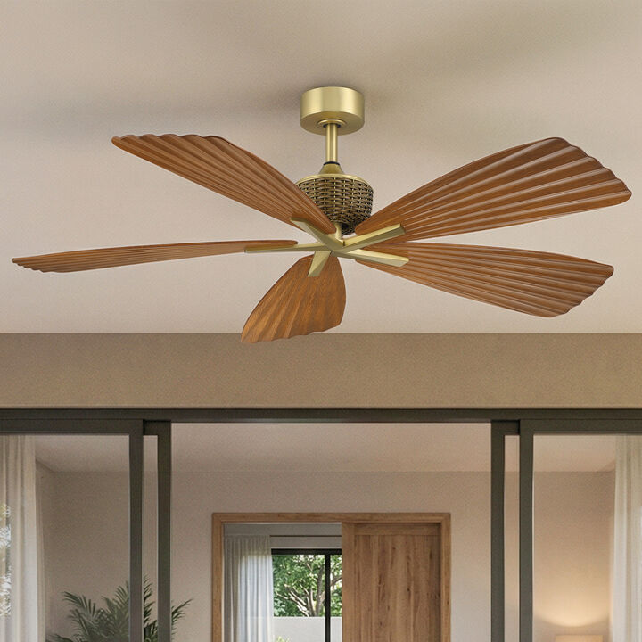 56" Tropical Brown Pleated Leaf Blades Reversible Ceiling Fan with Remote, No Light