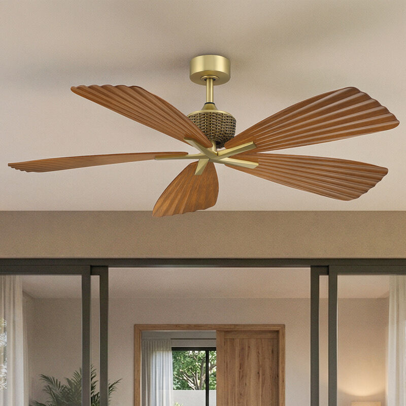 56" Tropical Brown Pleated Leaf Blades Reversible Ceiling Fan with Remote, No Light image number 1