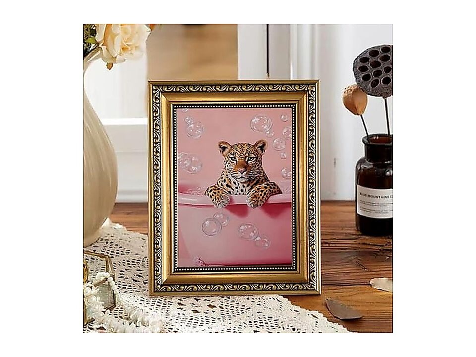 Gold Framed Bathroom Wall Art Pink Leopard Decor Cheetah Canvas Girly Maximalist
