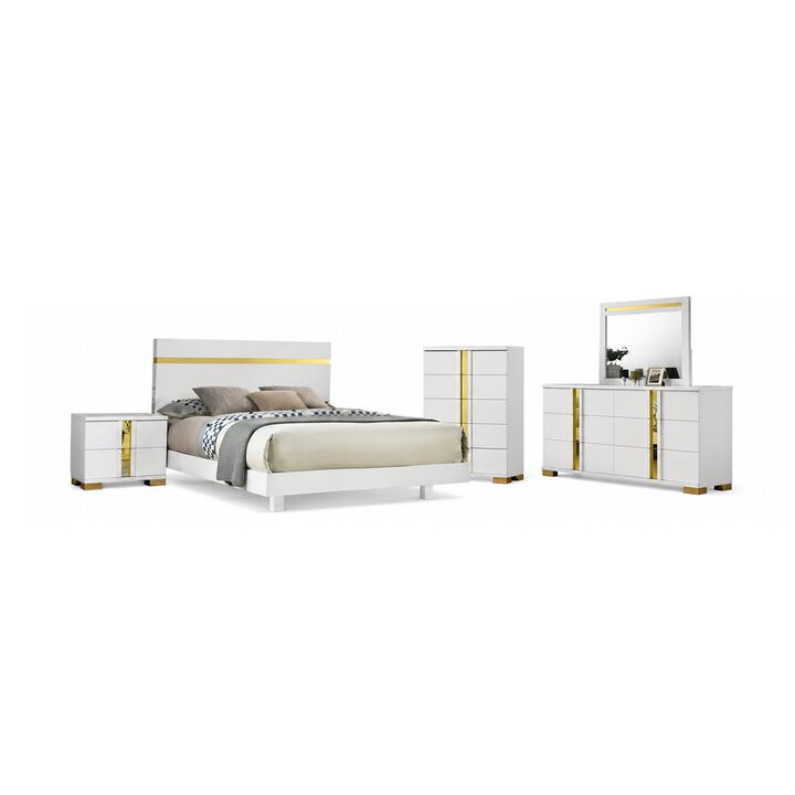 Yoki 5pc Queen Bedroom Set w Underbed LED, White and Gold, Tall Dresser