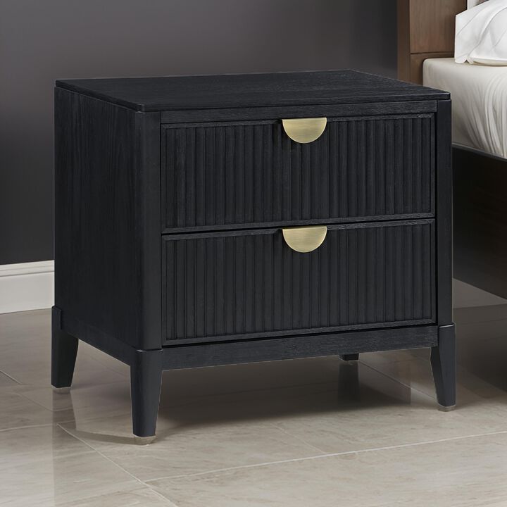 Jack Nightstand, 2 Drawers, Gold Metal Handles, Wire Brushed Black Wood - Benzara