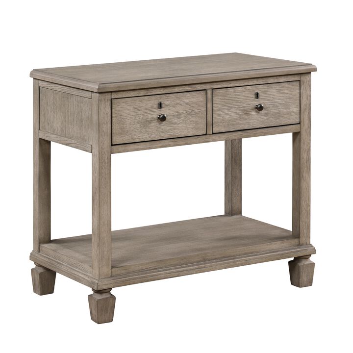 Cely Nightstand, 2 Drawers with Lower Open Shelf, Gray Oak Veneer - Benzara