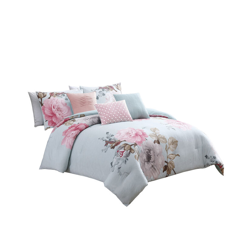 Queen Size 7 Piece Fabric Comforter Set with Floral Prints, Multicolor - Benzara