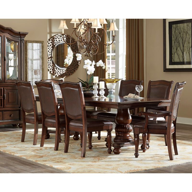 Traditional Dining Table 1pc Brown Cherry Finish Double Pedestal Base Separate Extension Leaf Dining Furniture image number 8