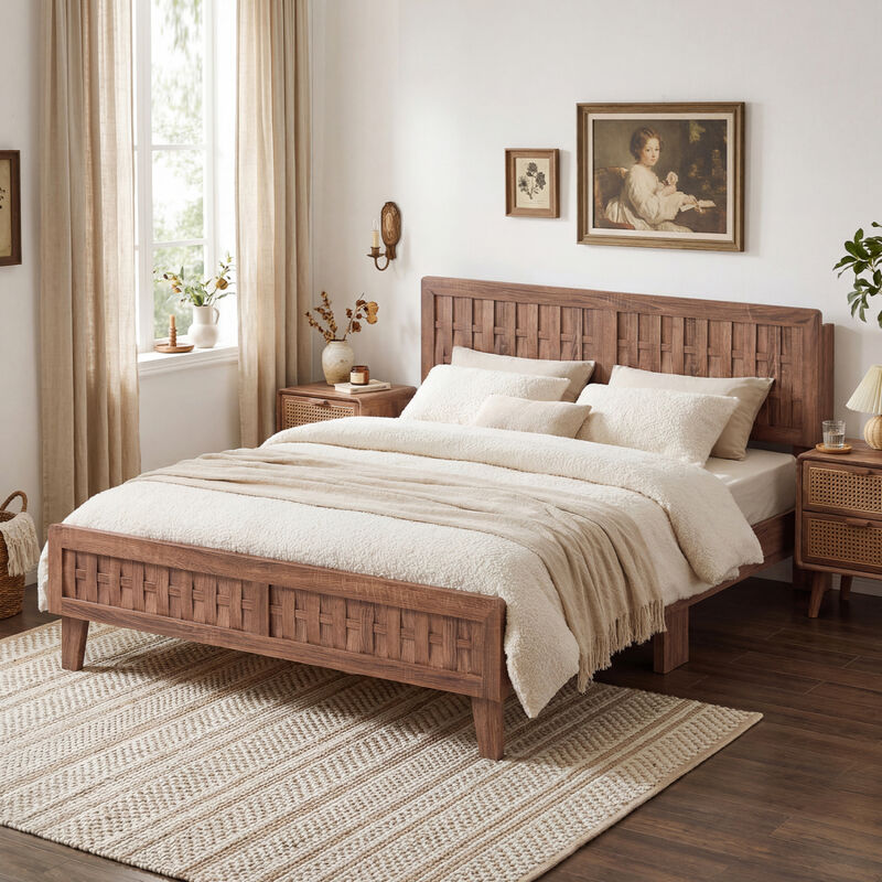 Wooden Bed Frame with Woven Accent Headboard for Modern Bedroom-Walnut image number 4