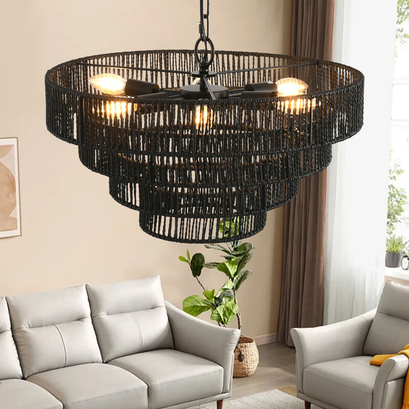 ELEMENT ACE Unique 4-Tier Hemp Rope Pendant Light Chandelier with Multi-Level Design for Ambient Dining Room or Kitchen Illumination image number 5