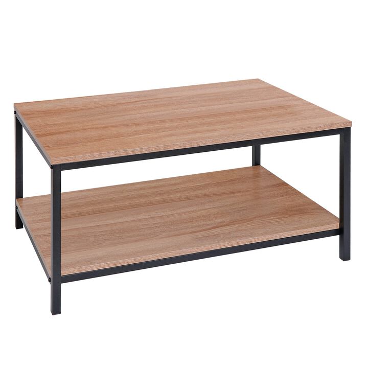 SUPER DEAL 2-Tier Industrial Coffee Table with Storage Shelf for Small Apartment Living Room, Rectangle Wood and Stable Metal TV