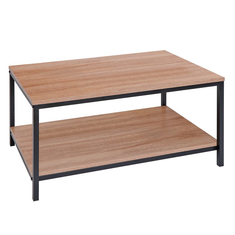 SUPER DEAL 2-Tier Industrial Coffee Table with Storage Shelf for Small Apartment Living Room, Rectangle Wood and Stable Metal TV