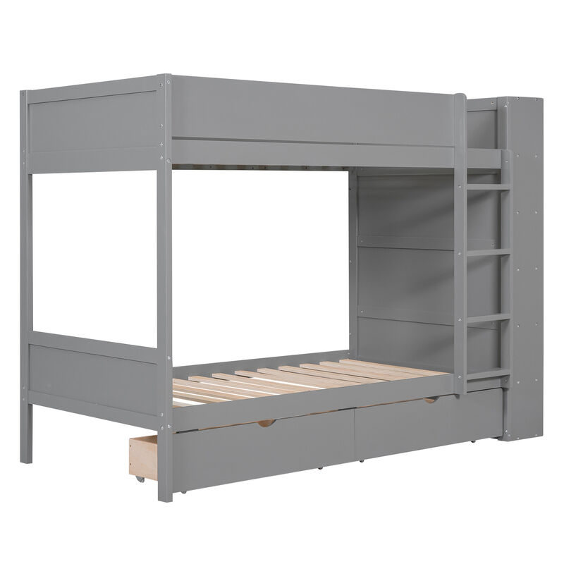 Whisen Twin over Twin Bunk Bed With 2 Drawers and Multi-layer Cabinet- Grey