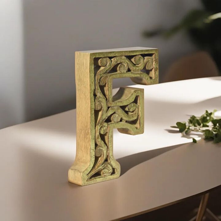 Vintage Natural Gold Handmade Eco-Friendly "F" Alphabet Letter Block For Wall Mount & Table Top Décor