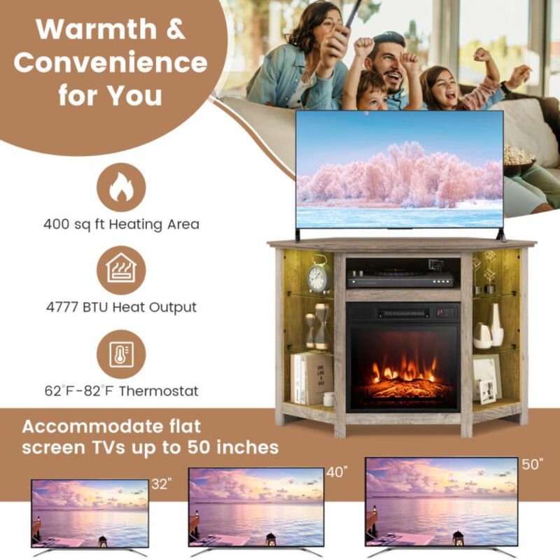 Hivvago Fireplace Corner TV Stand with LED Lights and Smart APP Control for 50 Inches TV