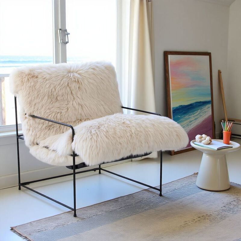 Starlight Canyon Home Beige Sheepskin Arm Chair With Black Iron Frame For Living Room Comfort