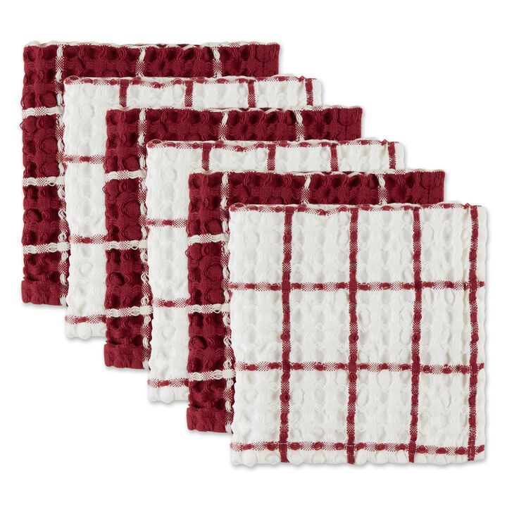 Set of 6 Red and White Windowpane Washed Waffle Dishcloth 30"