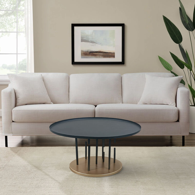 Neci 31 Inch Coffee Table, Round Matte Black Tray Top, Modern Rod Supports with Brass Base