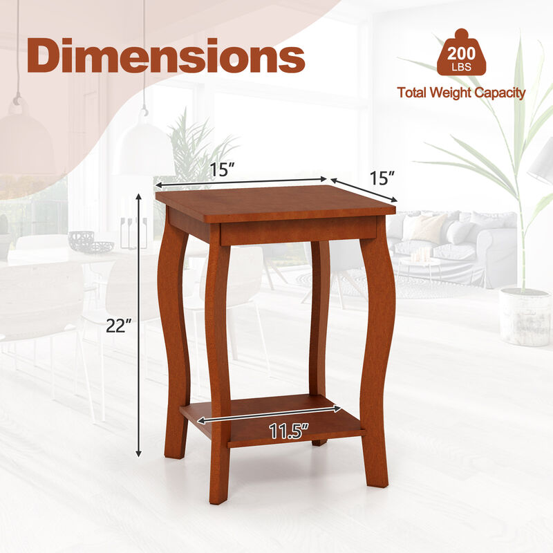 Set of 2 15 Inch 2-Tier Square End Table with Storage Shelf - Walnut