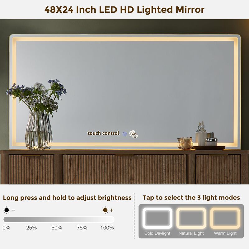 Fluted Vanity Desk with 48" LED Mirror, 9 Drawers, Charging Station image number 2