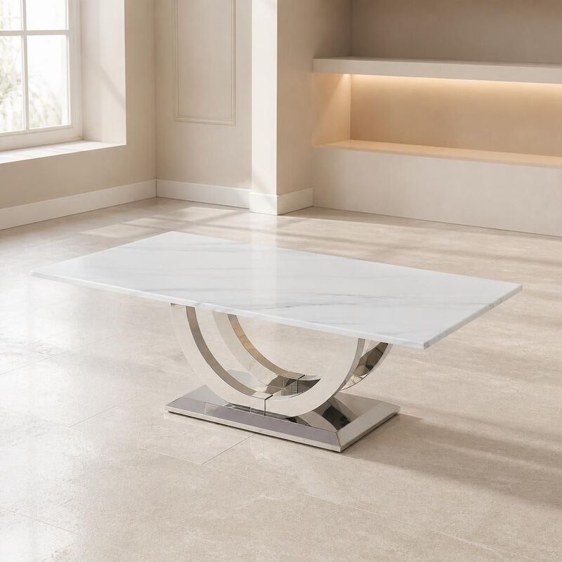 GOODSILO 50.4 Inch Modern Rectangular Coffee Table with Marble Pattern Tabletop and Silver Stainless Steel Base for Living Room image number 2