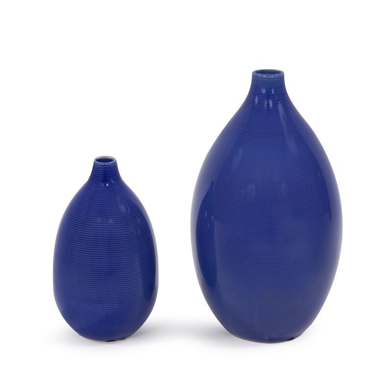 Modern Set of 2 Deep Indigo Ceramic Bulb Vases for Living Room or Dining