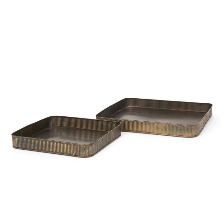 HomeRoots Set of Two Antiqued Brass Metal Handmade Serving Tray