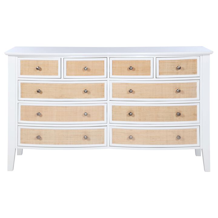 Heo Wide Dresser, 10 Drawers, Rattan Woven Curved Front, White Wood - Benzara