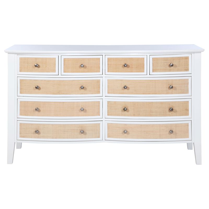 Heo Wide Dresser, 10 Drawers, Rattan Woven Curved Front, White Wood - Benzara
