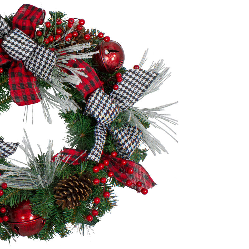 Plaid and Houndstooth and Red Berries Artificial Christmas Wreath - 24-Inch  Unlit