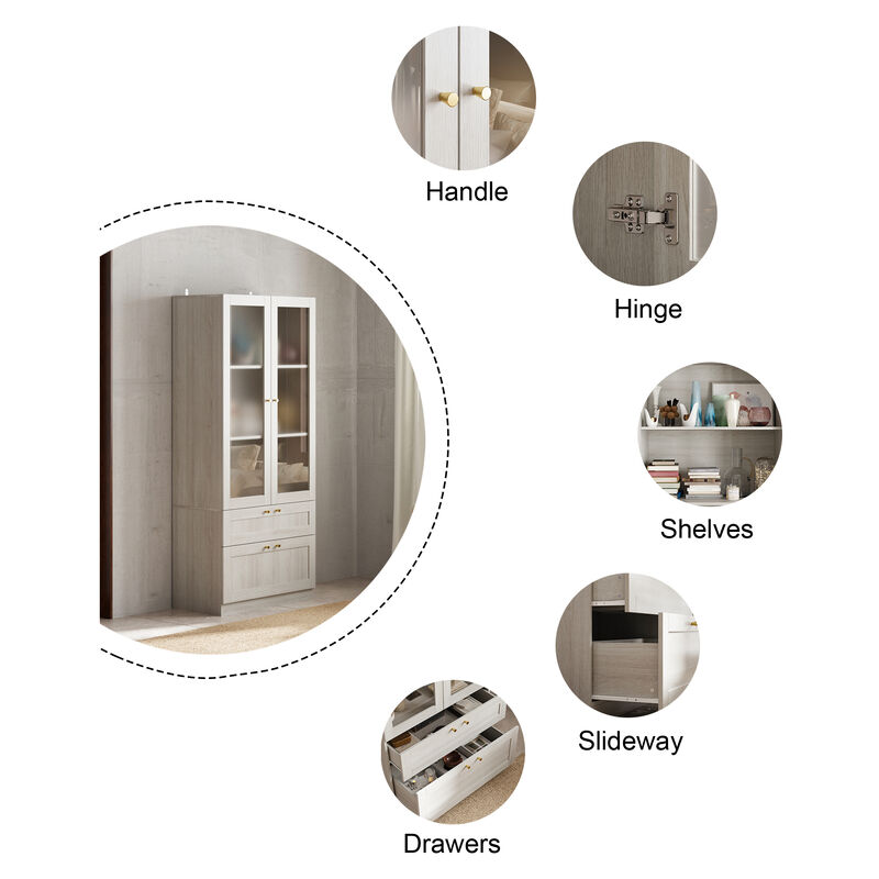 FUFU&GAGA Modern White Bookcase with Adjustable Shelves and Spacious Storage (31.5" W x 70.9" H x 15.7" D), Wood Grain Finish with Brass Pull Handles