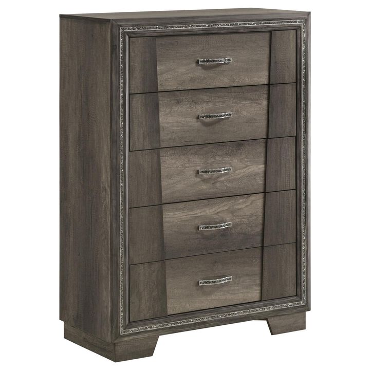 Benjara Janie 51 Inch Tall Dresser Chest with 5 Drawers, Felt Lining, Pine, Gray Brown