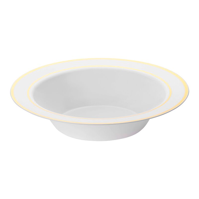 12 oz. White with Gold Edge Rim Plastic Soup Bowls (120 Bowls) image number 0