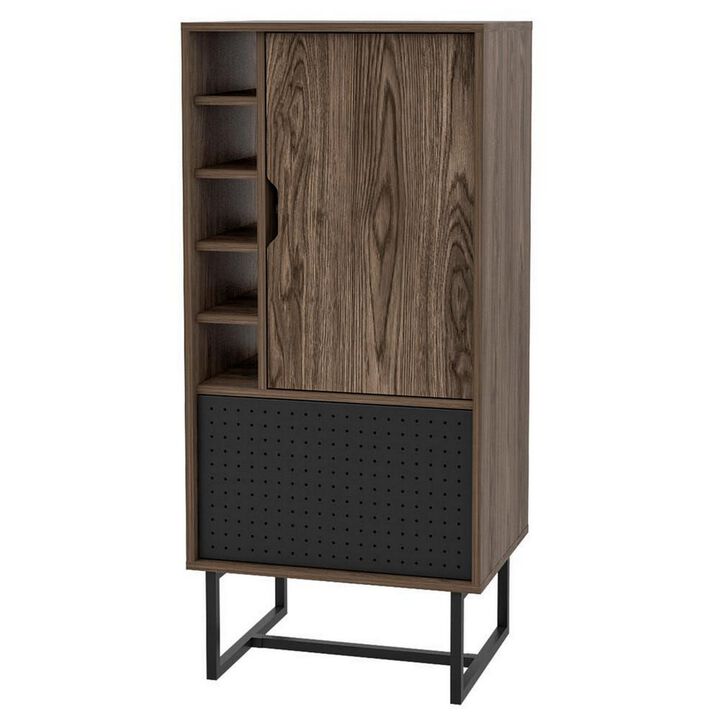 Nio 46 Inch Freestanding Bar Cabinet, Perforated Metal Door, Walnut Brown-Benzara