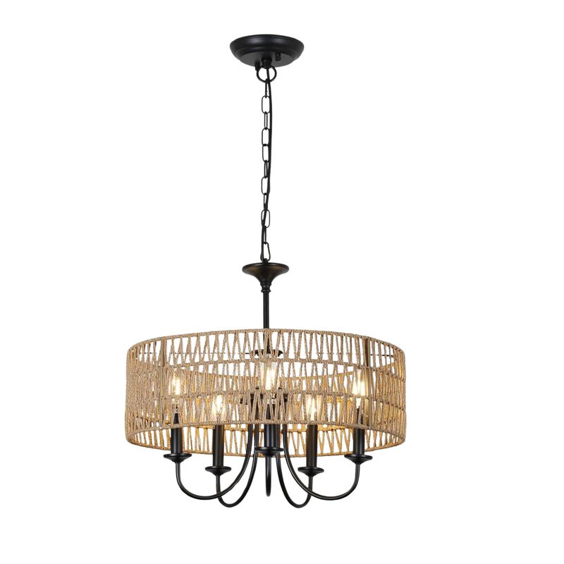 ELEMENT ACE 5-Light Hand Woven Natural Rattan Pendant Chandelier, Height Adjustable Hanging Light Fixture for Dining Room, Living Room, Kitchen Island, Bedroom, Foyer image number 0