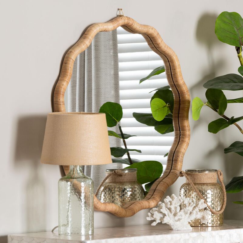 bali & pari Rasida Natural Rattan Scalloped Wall Mirror - Decorative Hand Wrapped Wicker Accent Mirror image number 3